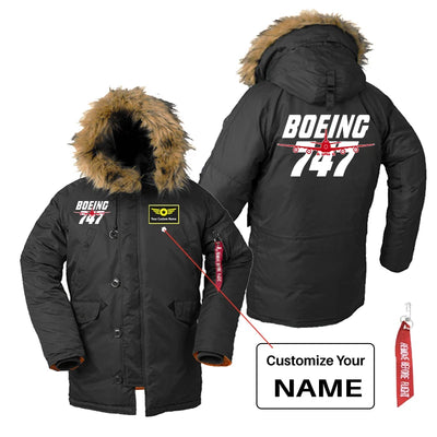 Amazing Boeing 747 aviation design printed on heavyweight shell with hooded warmth parka bomber.