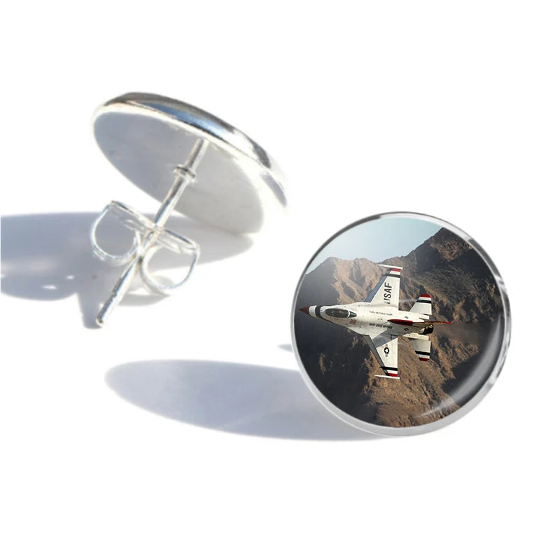 Amazing Show by Fighter Jet 16 aviation-themed stud earrings, polished stainless steel.