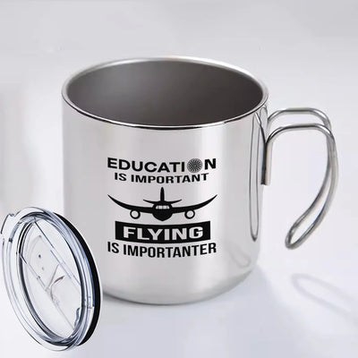 Flying is Importanter aviation design on portable mug, vacuum-insulated double-wall.