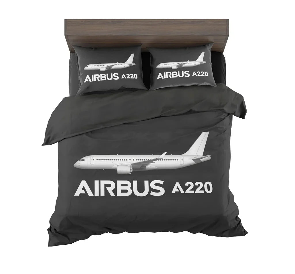 The Airbus A220 aviation design on soft cotton blend bedding set.