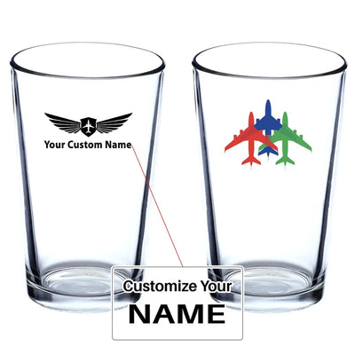 Colourful 3 Airplanes Beer & aviation design on beer water glass, versatile drinkware.
