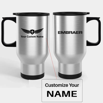 Embraer & Text Travel Mugs (With Holder) aviation design on travel mug with holder, insulated double-wall with car-cup base.