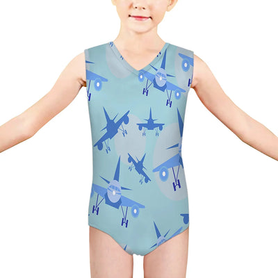 Super Funny Airplanes aviation print on kids quick-dry fabric swimsuit.