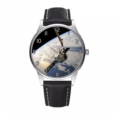 World View from Space aviation-themed watch with leather strap, polished leather strap.