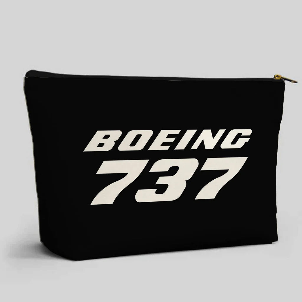 Boeing 737 & Text aviation design zipper pouch, durable polyester construction.