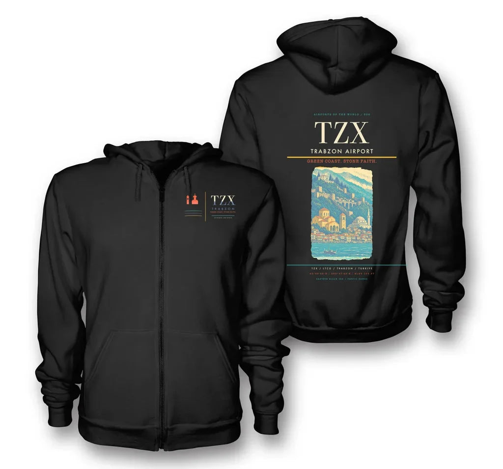 Trabzon Airport (TZX) design on black premium zipped hoodie