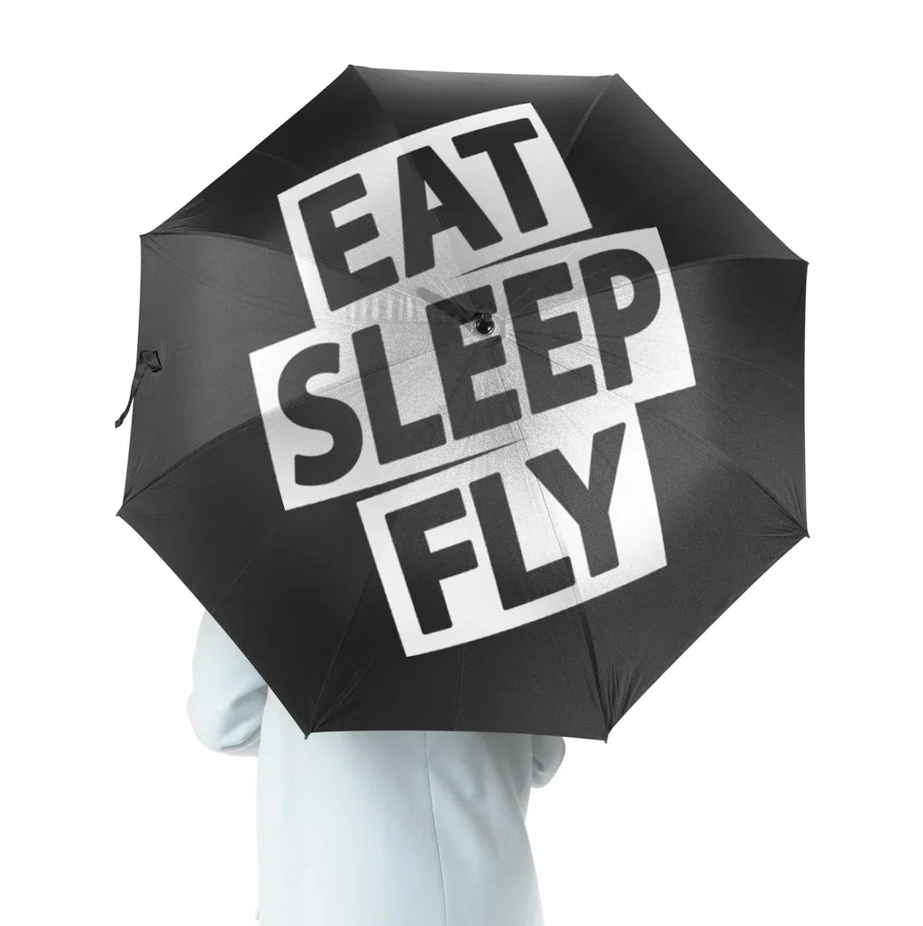 Eat Sleep Fly aviation design on windproof polyester umbrella.