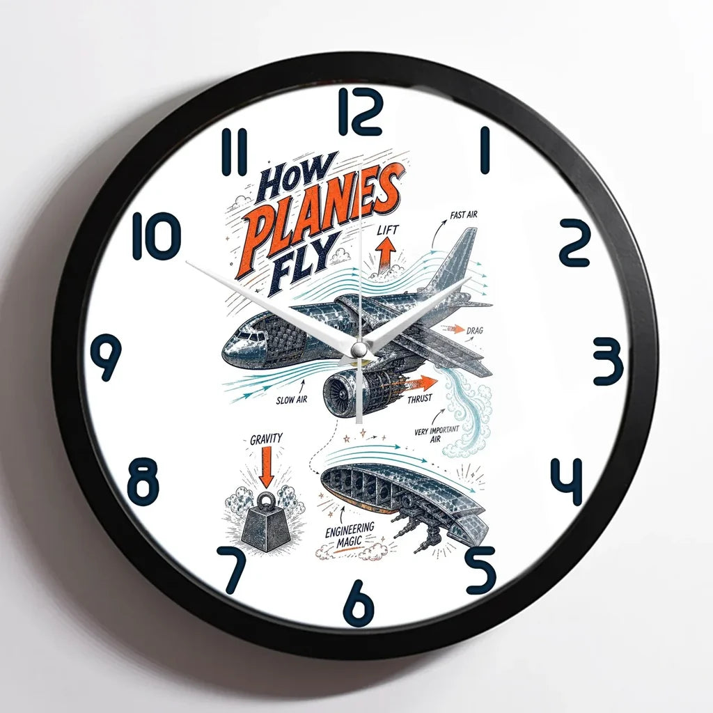 How Planes Fly V2 design on white framed wall clock