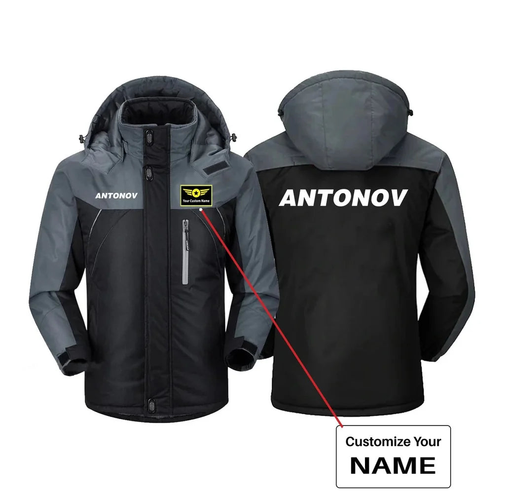 Antonov & Text aviation design printed on heavyweight insulated shell thick winter jacket.