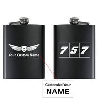 Thumbnail for Flat Colourful 757 aviation design on stainless hip flask, compact pocket-size flask.