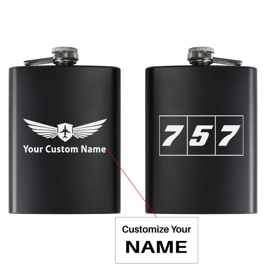 Flat Colourful 757 aviation design on stainless hip flask, compact pocket-size flask.