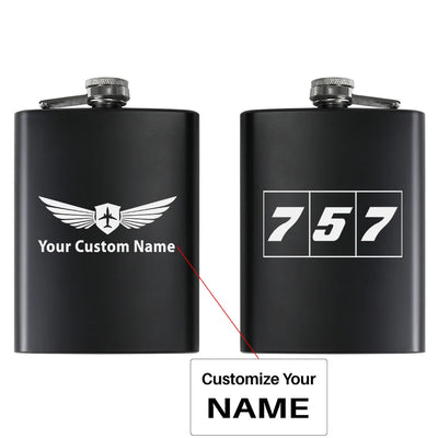 Flat Colourful 757 aviation design on stainless hip flask, compact pocket-size flask.