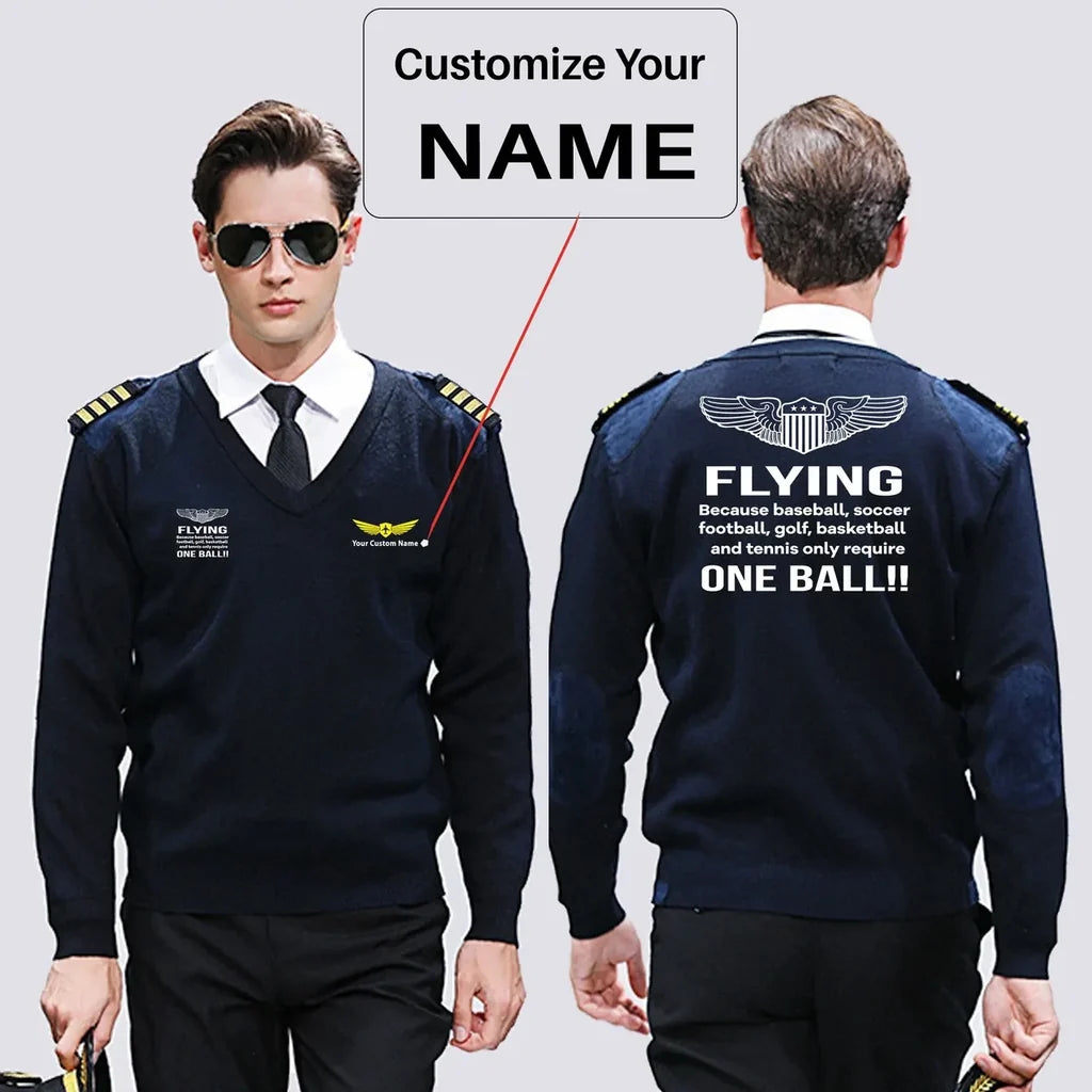 Flying One Ball aviation design on premium wool blend wool pilot sweater.