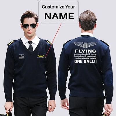 Flying One Ball aviation design on premium wool blend wool pilot sweater.
