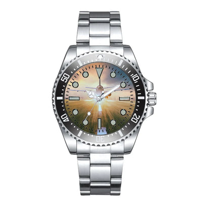 Airplane Flying Over Runway Luxury Aviators aviation aviator watch, premium stainless steel body with engraved detail.