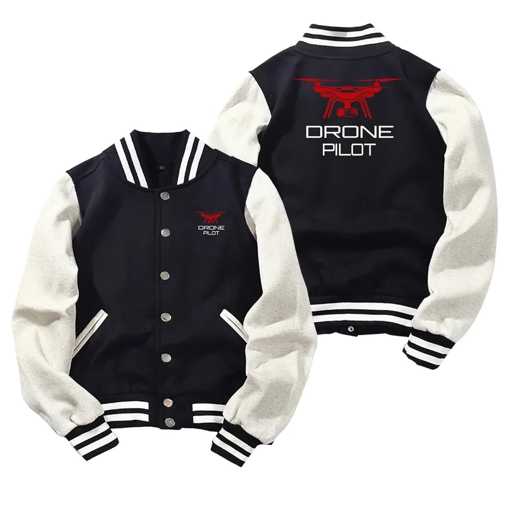 Drone Pilot Baseball Style aviation design printed on two-tone shell with ribbed cuffs baseball jacket.