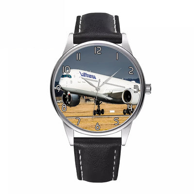 Lufthansa's A350 aviation watch with leather strap, leather strap body with engraved detail.