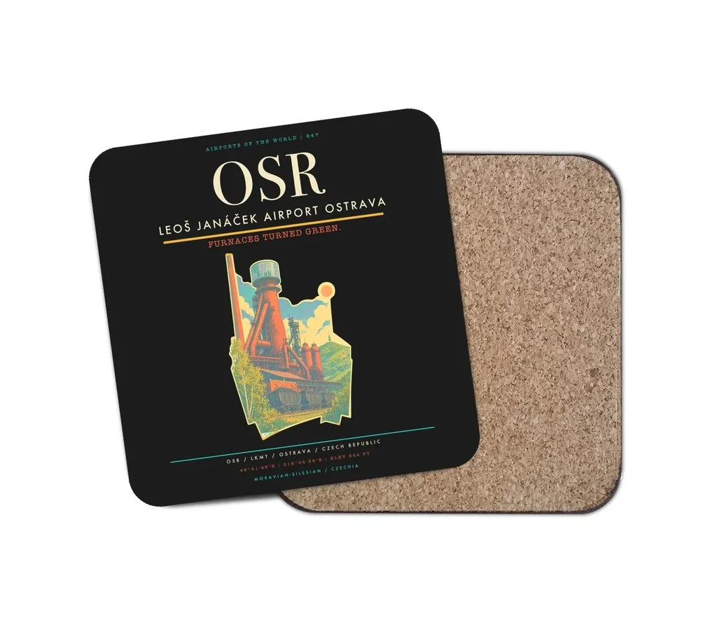 Leoš Janáček Airport Ostrava (OSR) design on black 1 piece coaster