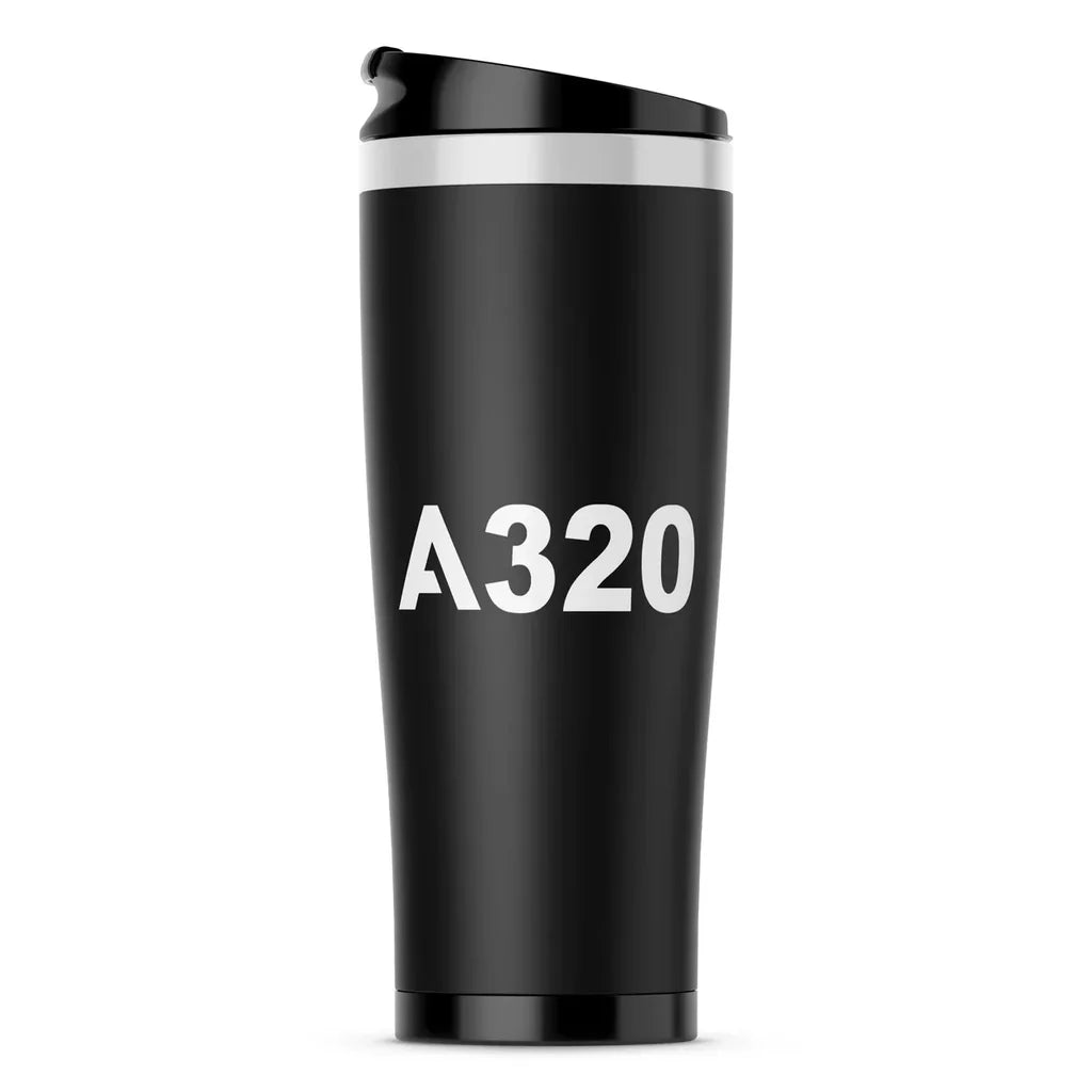 Airbus A320 Flat Text aviation design on travel mug no-holder, insulated double-wall.