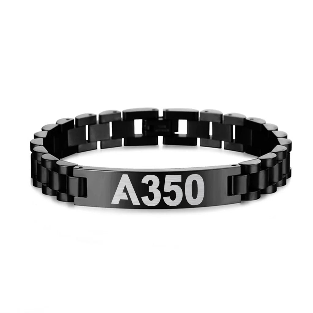 Airbus A350 Flat Text aviation-themed chain bracelet, polished stainless steel.