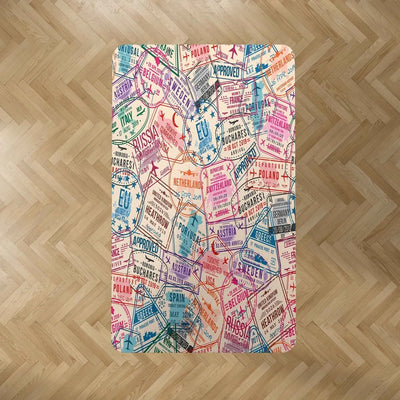 Passport Stamps aviation print rectangle carpet floor mat, durable carpet pile with non-slip backing.