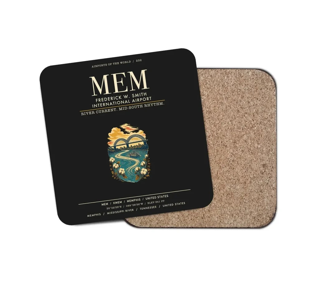 Frederick W. Smith International Airport Memphis (MEM) design on black 1 piece coaster