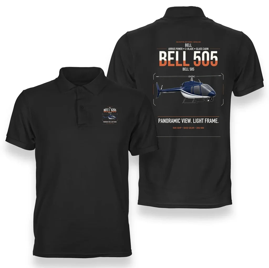 Bell 505 design on black double-side polo t-shirt, double-side print