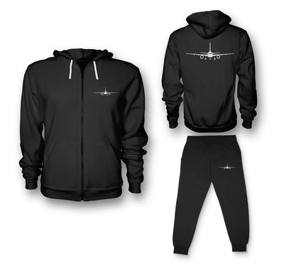 Boeing 757 Silhouette aviation design on soft cotton blend zipped hoodie and sweatpants set.