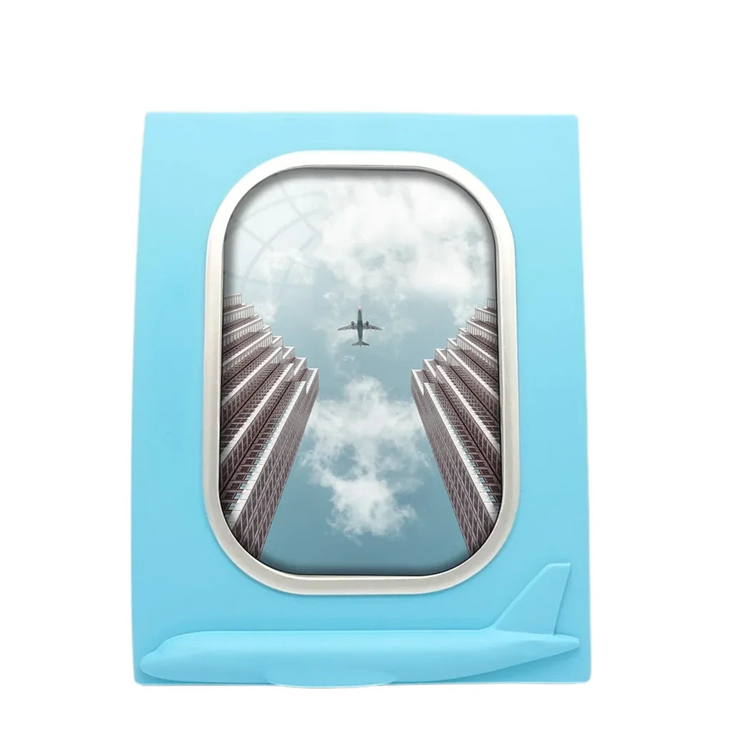 Airplane Flying over Big Buildings aviation design on durable resin with glass face airplane window photo frame.