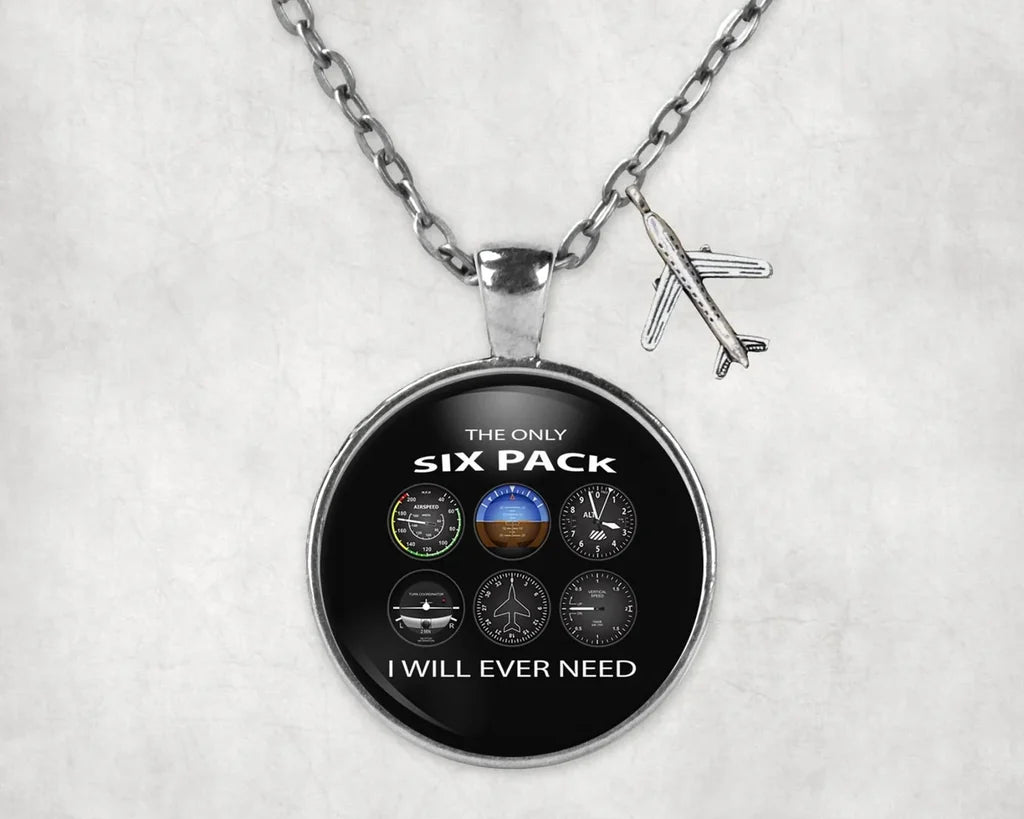 The Only Six Pack I Will Ever Need aviation-themed necklace, polished stainless steel.
