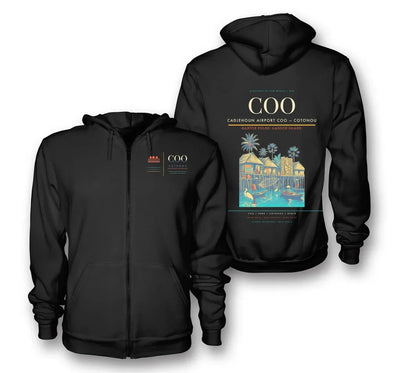 Cotonou Airport (COO) design on black premium zipped hoodie