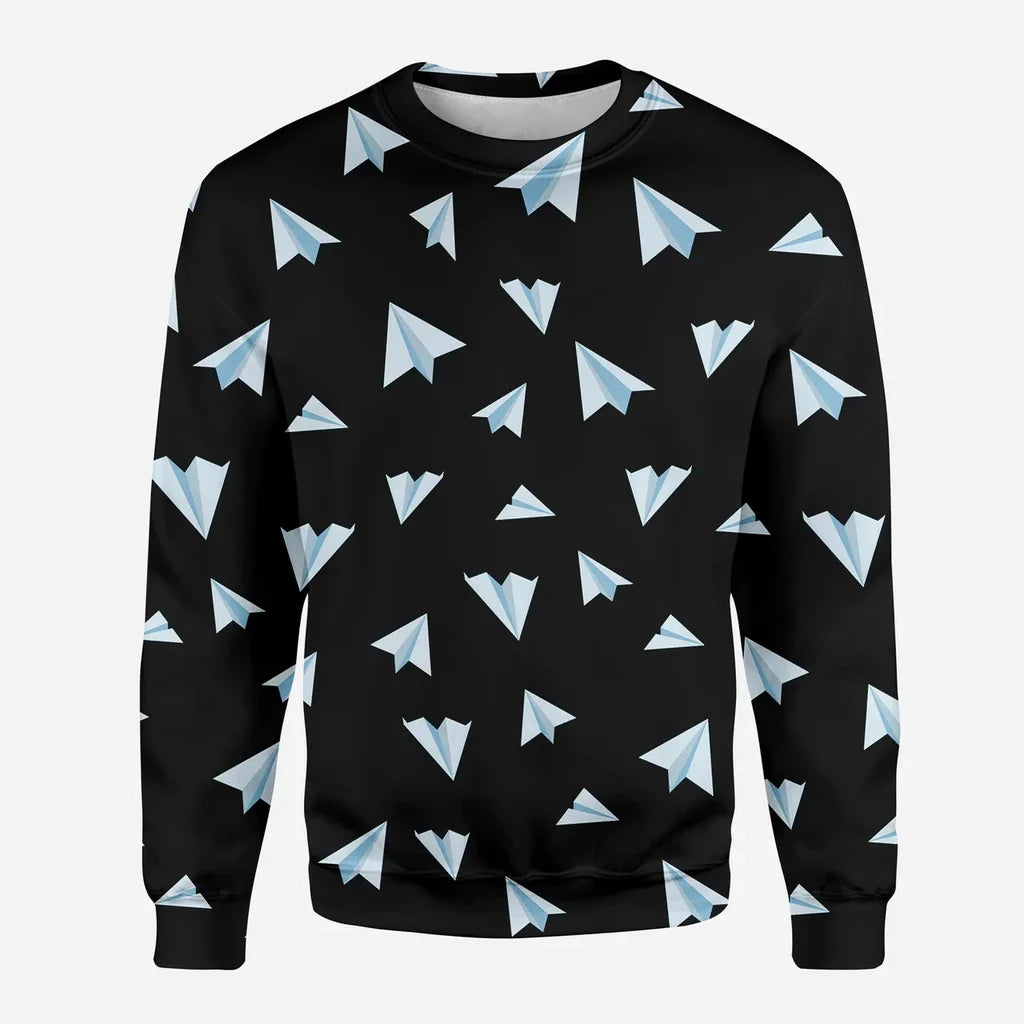 Paper Airplanes (Black) aviation design printed on soft cotton blend 3D sweatshirt.