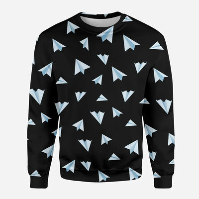 Paper Airplanes (Black) aviation design printed on soft cotton blend 3D sweatshirt.