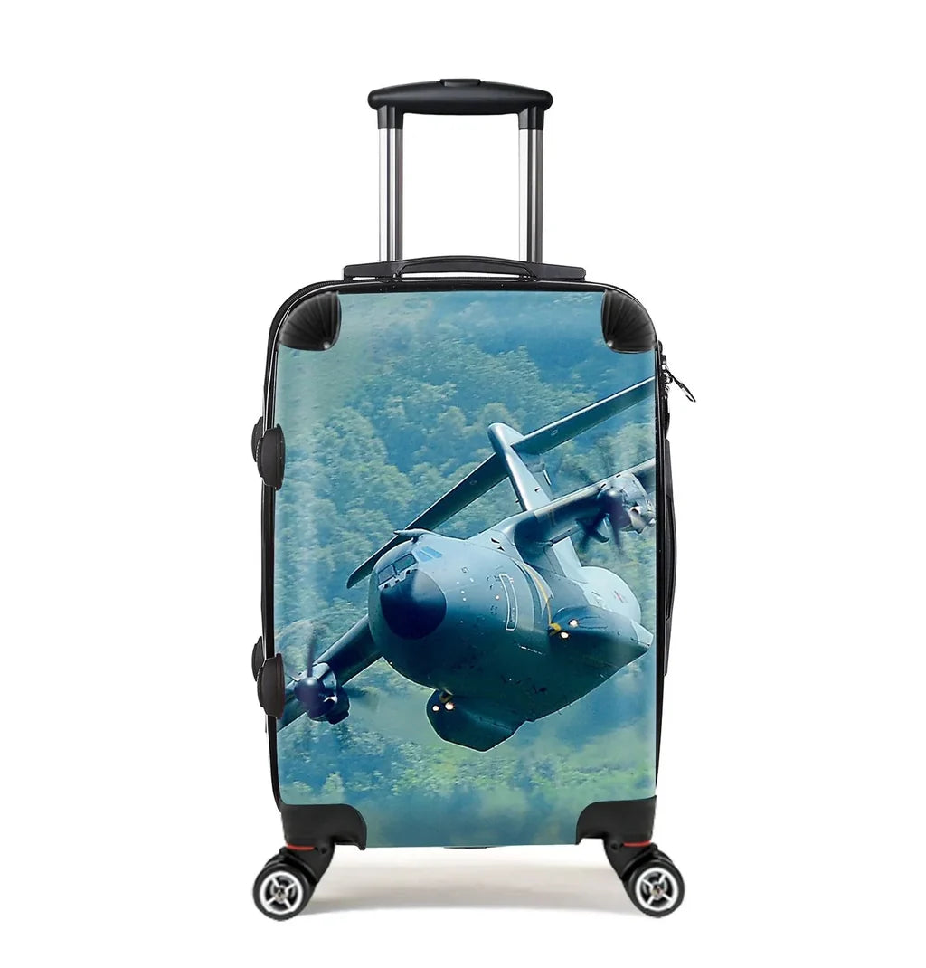 Cruising Airbus A400M Cabin Size aviation print luggage, durable shell.