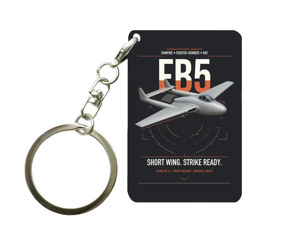 de Havilland Vampire FB5 design on black designed key chain, double-side print