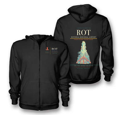 Rotorua Airport (ROT) design on black premium zipped hoodie