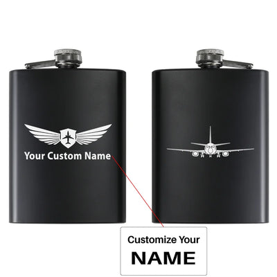 Boeing 737 Silhouette aviation design on stainless hip flask, compact pocket-size flask.