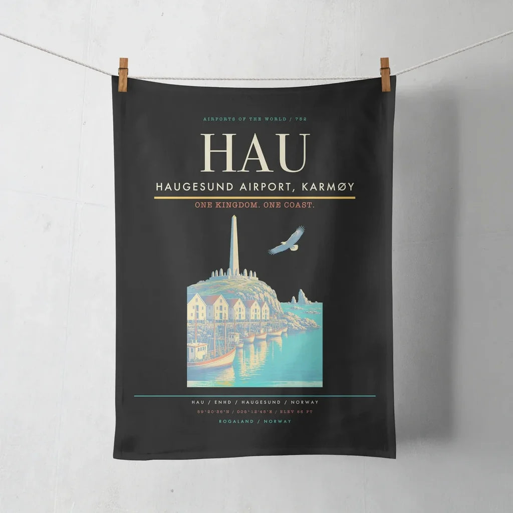 Haugesund Airport, Karmøy (HAU) design on black towel