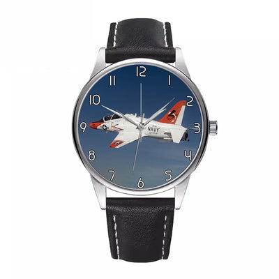 Side view of US Navy Training Jet aviation watch with leather strap in leather strap, polished finish.