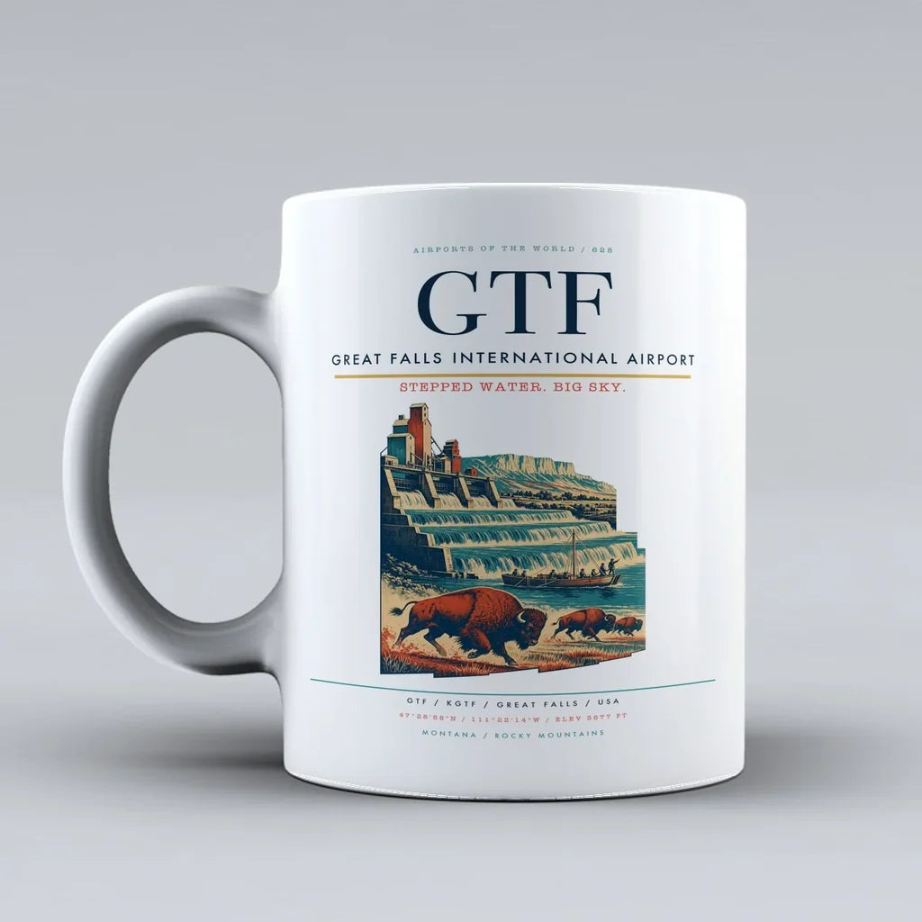 Great Falls International Airport (GTF) airport code design on white ceramic mug