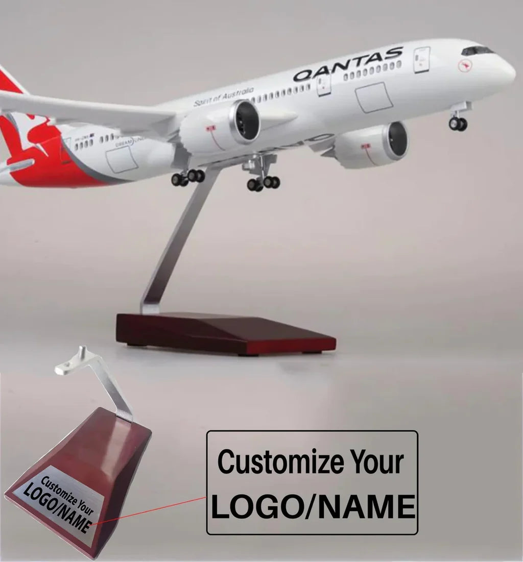 Side view of Qantas Airlines Boeing 787 Airplane Model (1/130 Scale) aviation LED model airplane in diecast metal with LED li.