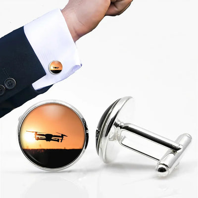 Amazing Drone in Sunset aviation-themed cuff links, polished metal.