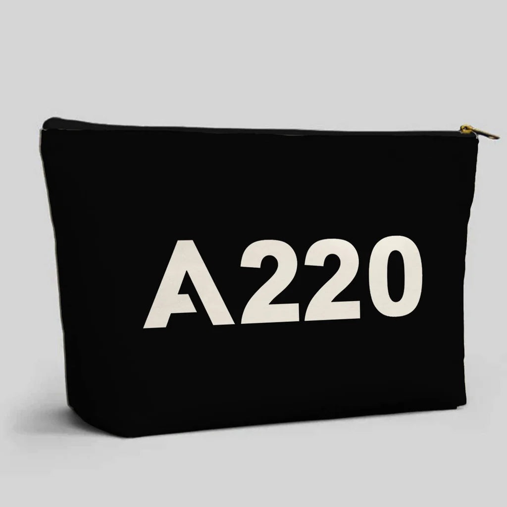 Airbus A220 Flat Text aviation print zipper pouch, durable polyester.