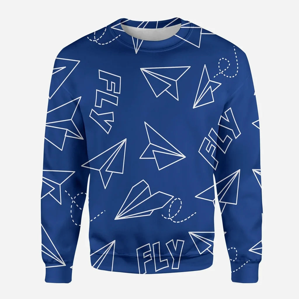 Paper Airplane & Fly (Blue) aviation design printed on soft cotton blend 3D sweatshirt.
