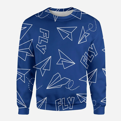 Paper Airplane & Fly (Blue) aviation design printed on soft cotton blend 3D sweatshirt.
