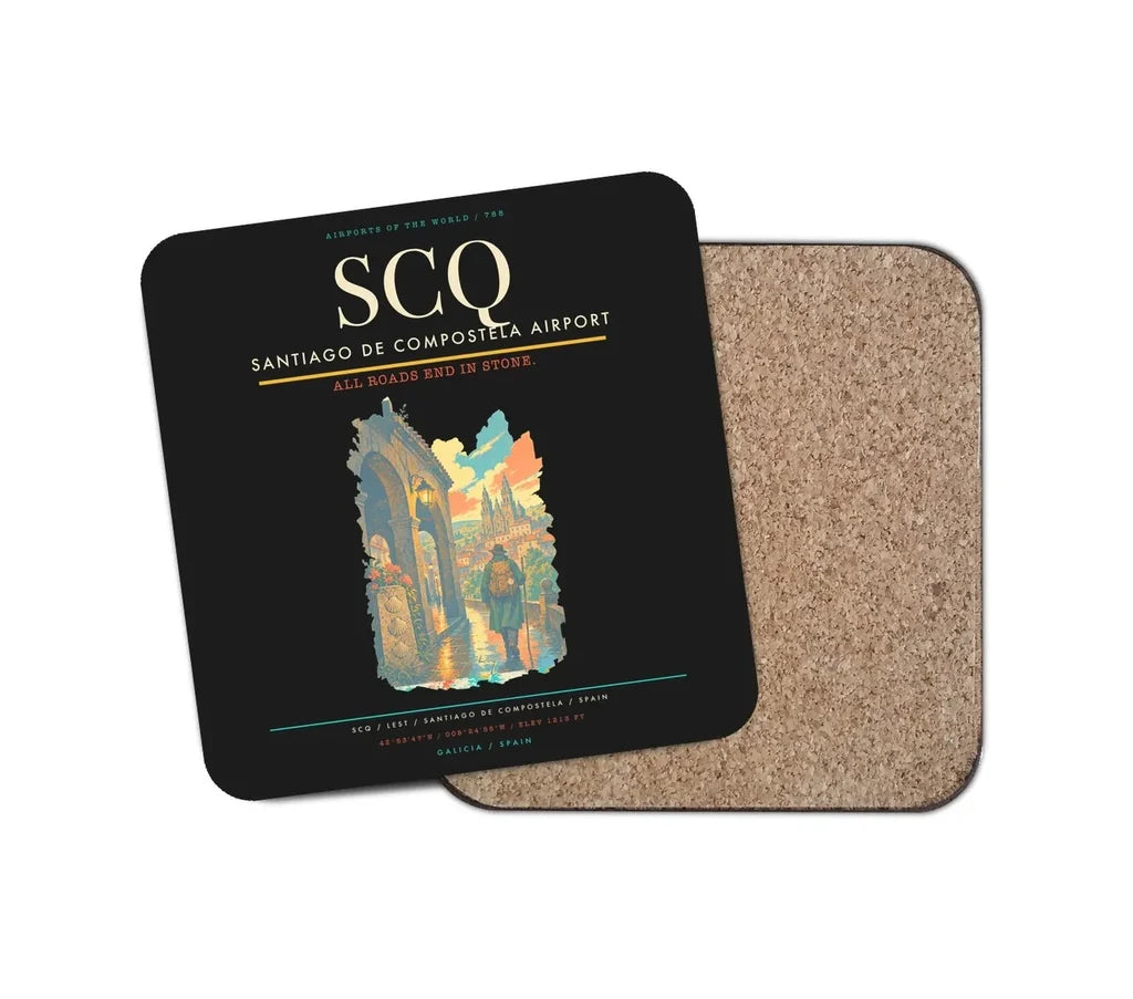 Santiago de Compostela Airport (SCQ) design on black 1 piece coaster