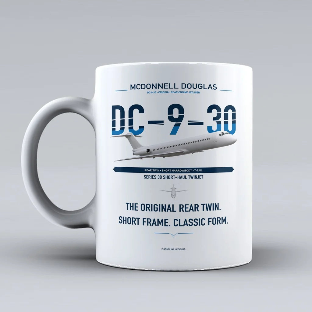 McDonnell Douglas DC-9-30 design on white ceramic mug, double-side print