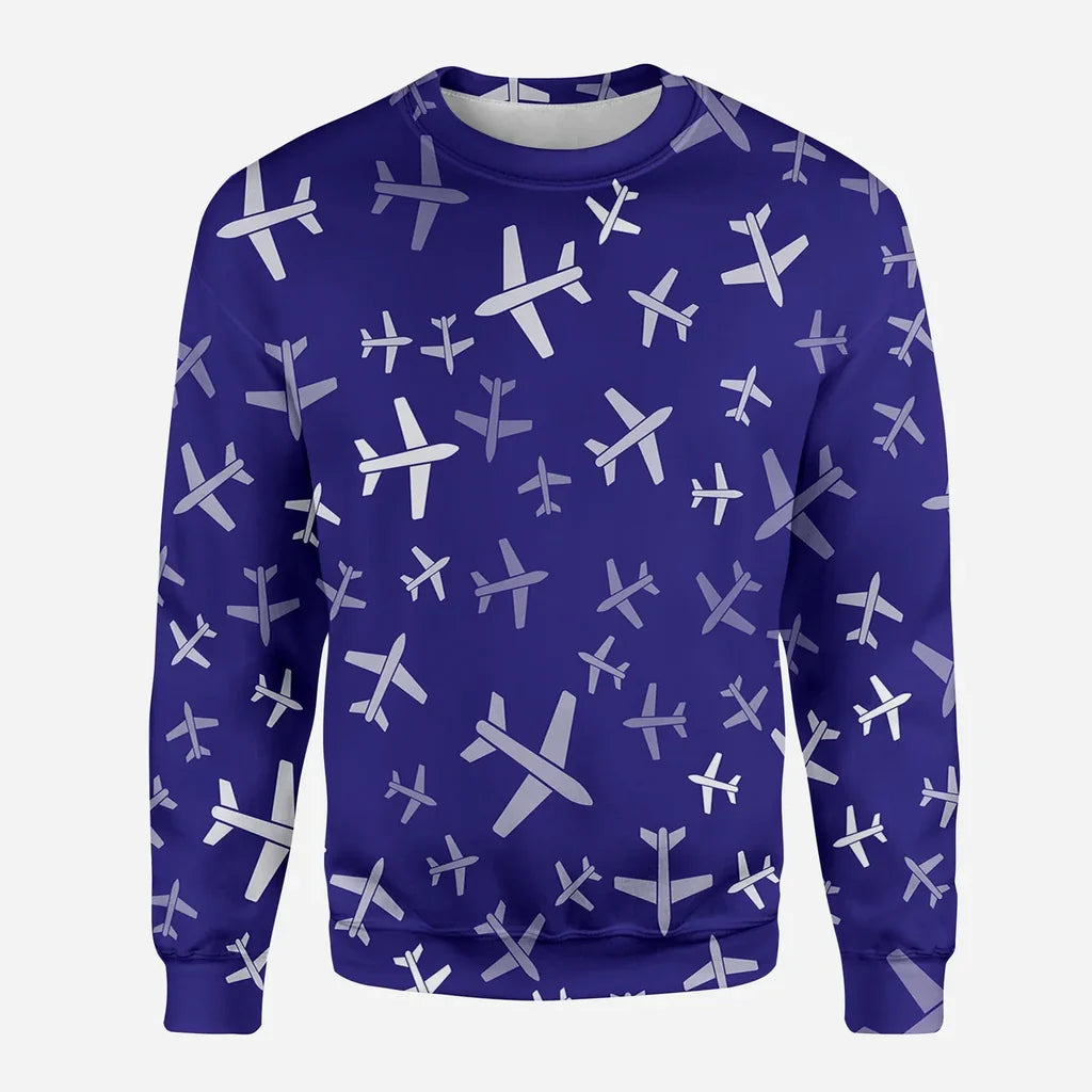 Different Sizes Seamless Airplanes aviation design printed on soft cotton blend 3D sweatshirt.