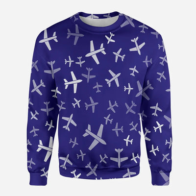 Different Sizes Seamless Airplanes aviation design printed on soft cotton blend 3D sweatshirt.