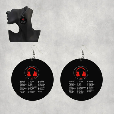 Aviation Alphabet 3 aviation drop earrings, wood with metal hooks body with engraved detail.